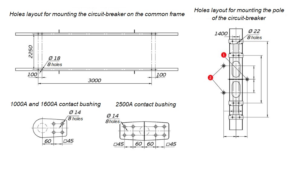 1. Main blades operating shaft; 2. Earthing devices operating shafts